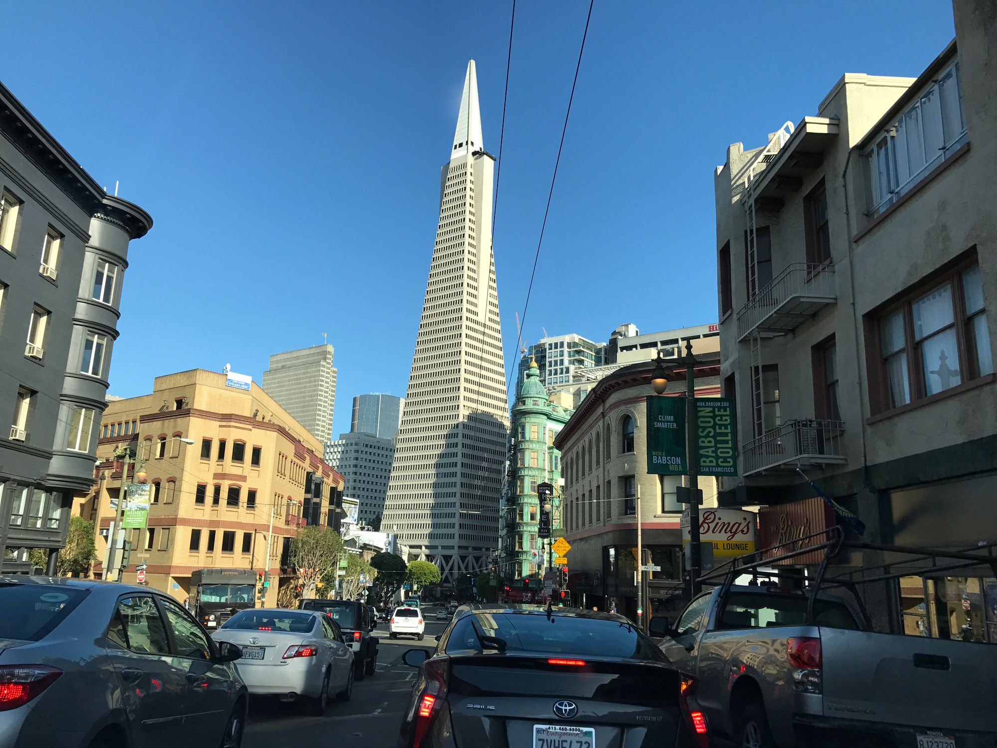 View of the Transamerica Pyramid  - Driving down Columbus Ave in San Francisco - Transamerica Pyramid. Naan Design.  Naandesign.